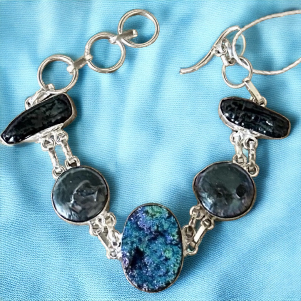 Druzy Stone Biwa Pearl Handmade Gemstone Bracelet 925 Silver Overlay 21$